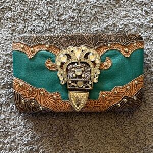 Embellished Green Leather Statement Clutch